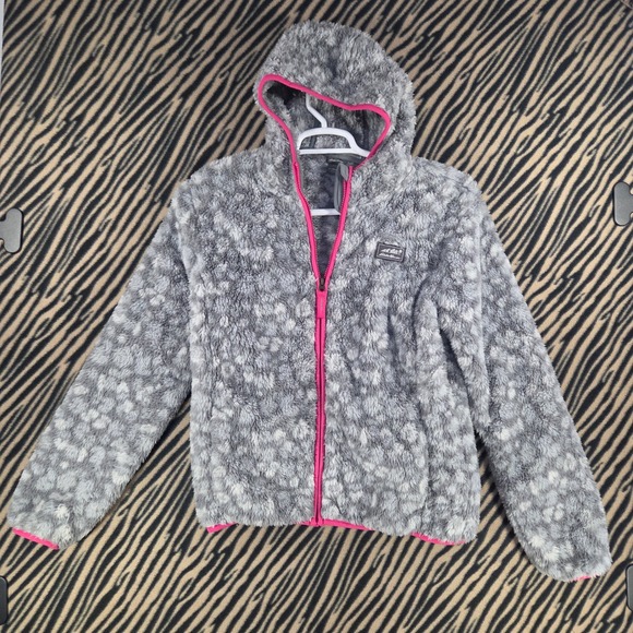 Eddie Bauer Other - Eddie Bauer Sherpa Fleece Hoodie Gray Leopard Pink Trim Kids Large Womens XS S